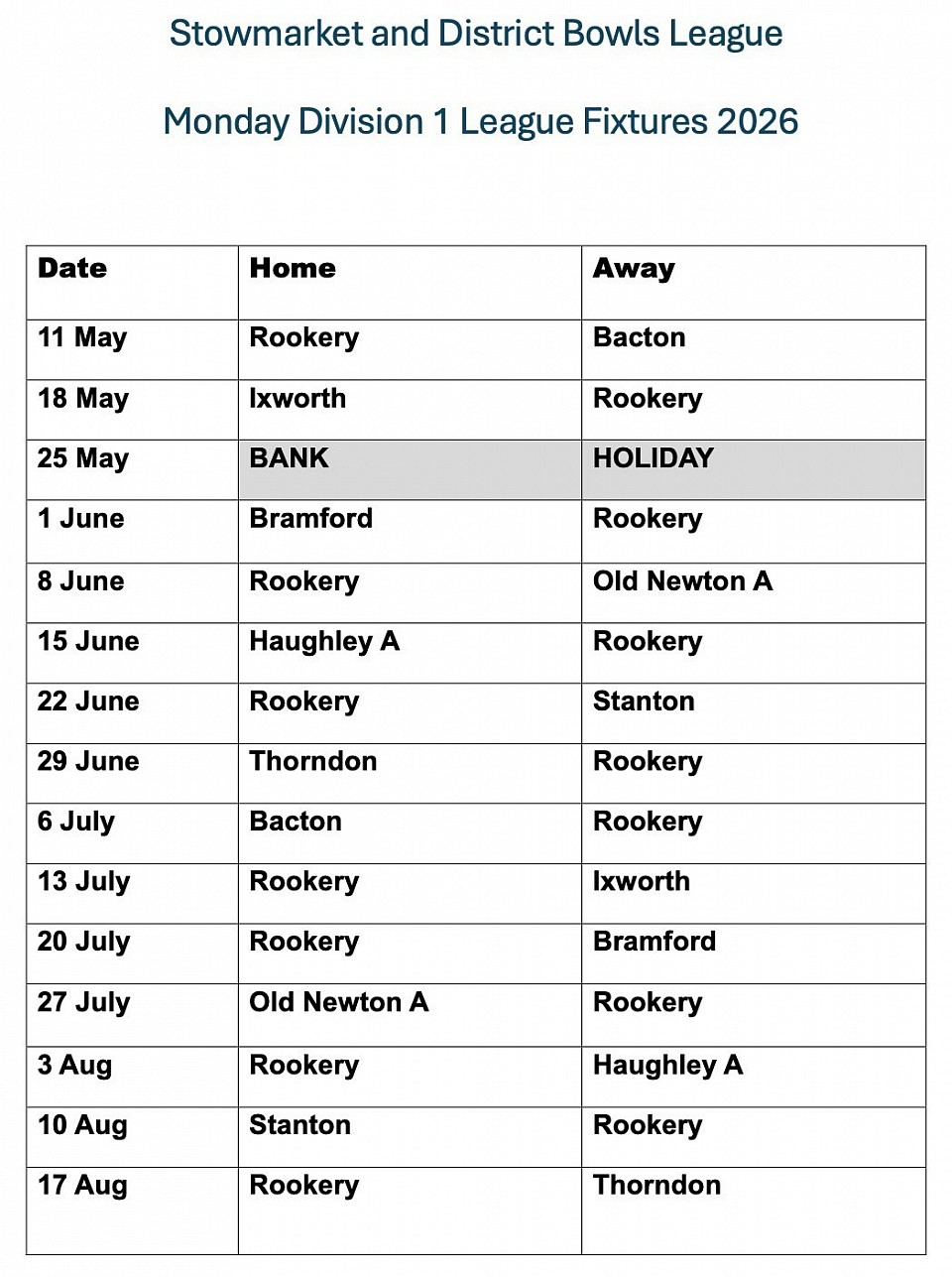 Monday League 2026 - Division 1
